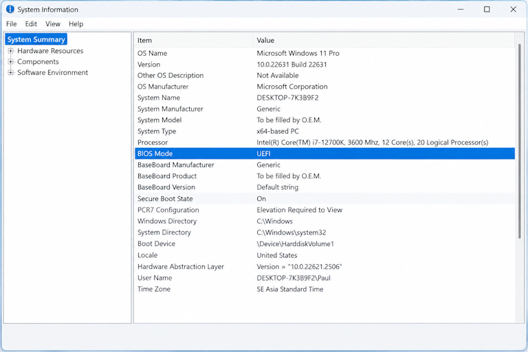 The System Information window on the System Summary page with the BIOS Mode line reading UEFI and the Secure Boot state line visible in the properties list